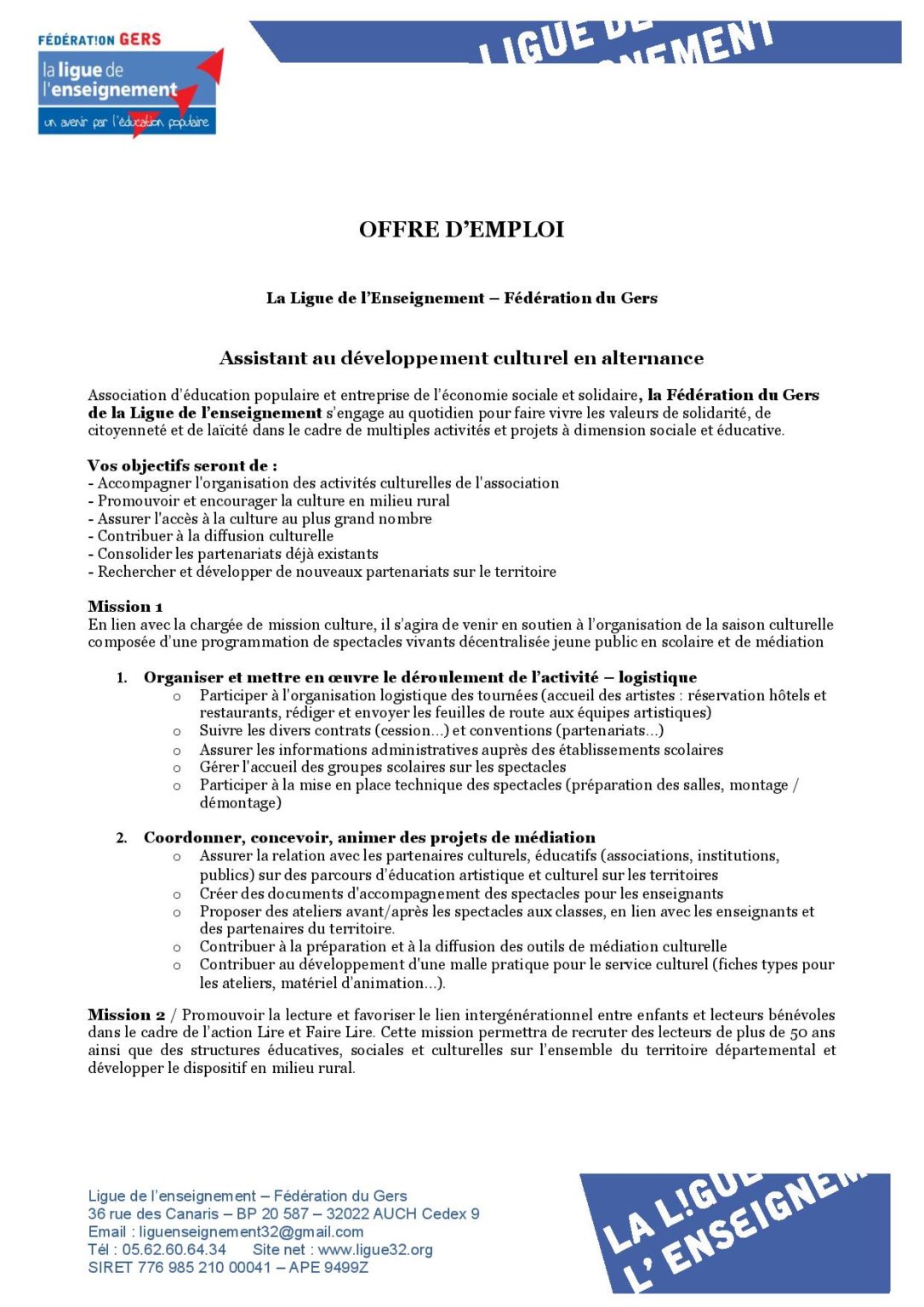 Offre emploi en alternance assistant développement culturel Ligue ...